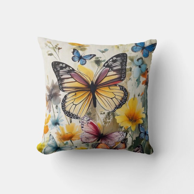 Yellow Butterfly and Flowers Cushion (Front)