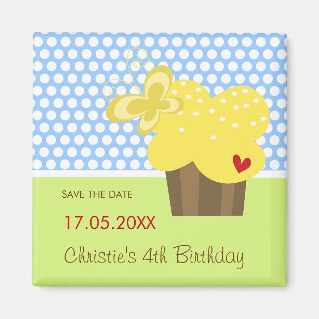 Yellow Butterfly Cupcake Fun Kid's Birthday Party Magnet (Front)
