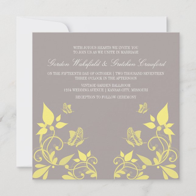 Yellow Butterfly Floral Wedding Invite (Front)