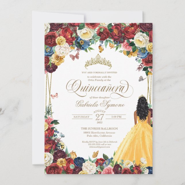 Yellow Butterfly Garden Elegant Floral Quinceanera Invitation (Front)