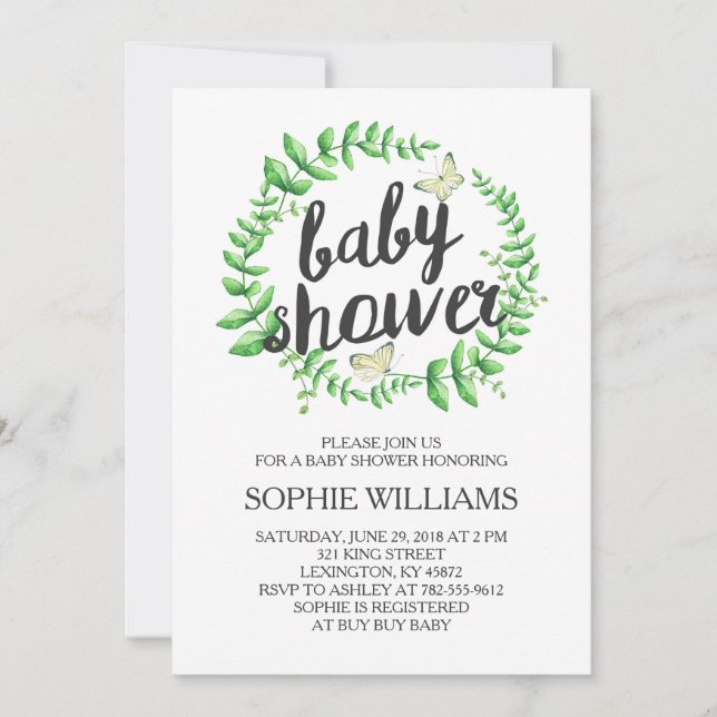 Yellow Butterfly Green Wreath Baby Shower Invitation (Front)