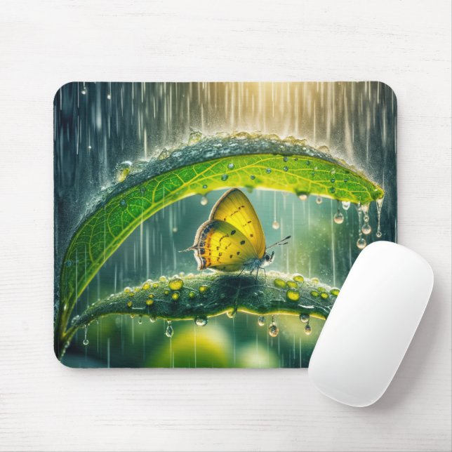 Yellow Butterfly In a Rain Shower Mouse Mat (With Mouse)