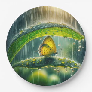 Yellow Butterfly In a Rain Shower Paper Plate