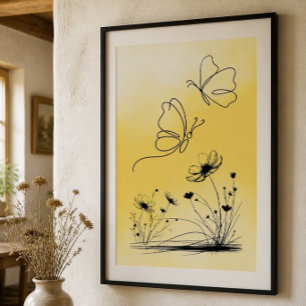 Yellow Butterfly Line Drawing Poster