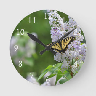 Yellow Butterfly on Lilac Tree Round Clock