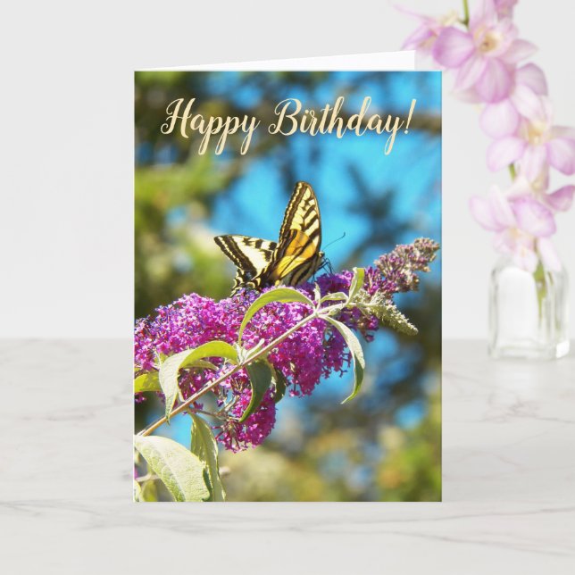 Yellow Butterfly on Pink Flowers Birthday Card (Orchid)