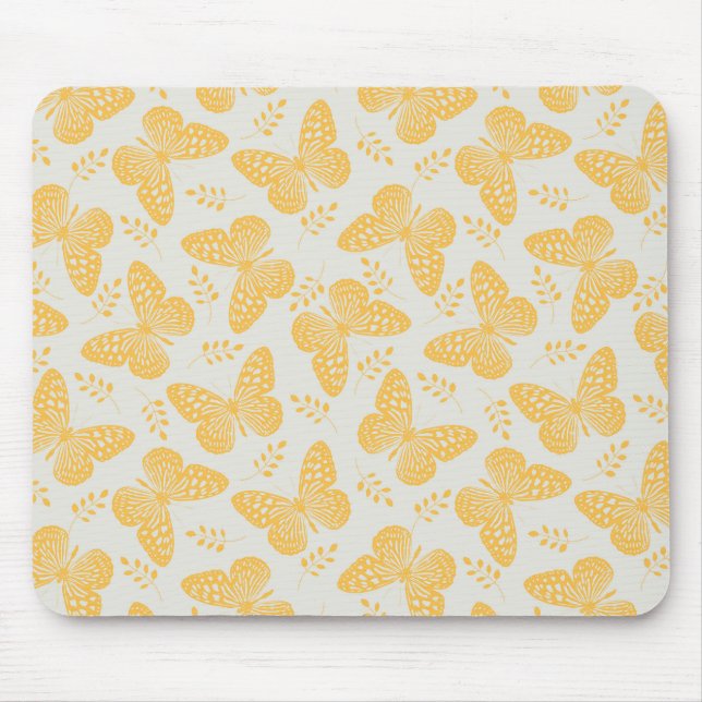 Yellow butterfly pattern on grey background mouse mat (Front)
