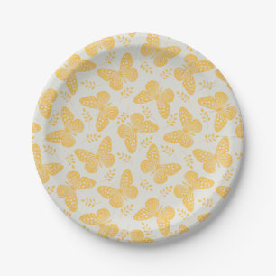 Yellow butterfly pattern on grey background paper plate