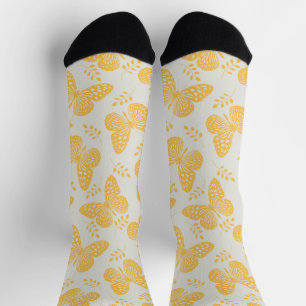 Yellow butterfly pattern on grey background socks
