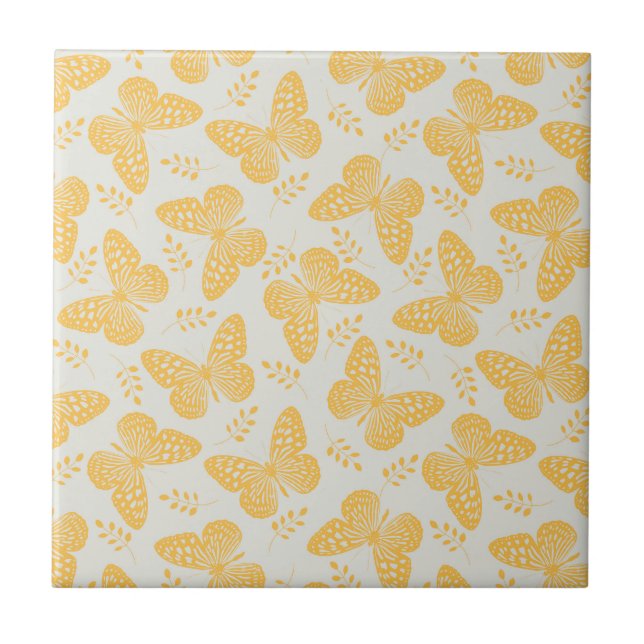 Yellow butterfly pattern on grey background tile (Front)
