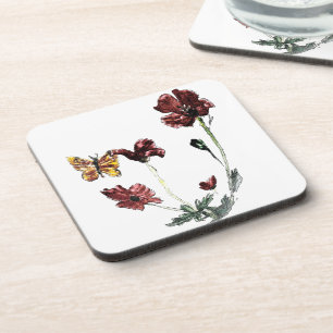 Yellow Butterfly Red Poppy Coaster