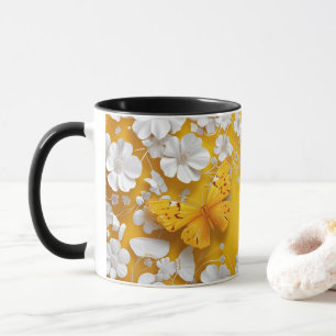 Yellow butterfly with little white flowers mug
