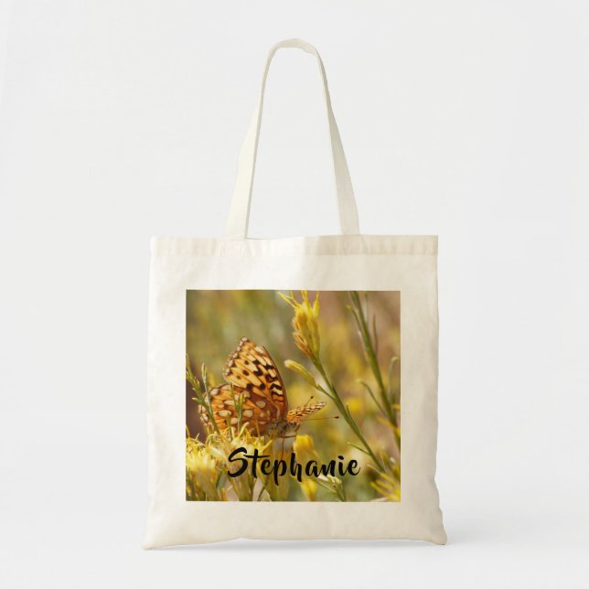 Yellow Butterfly with Personalized Name Tote Bag (Front)