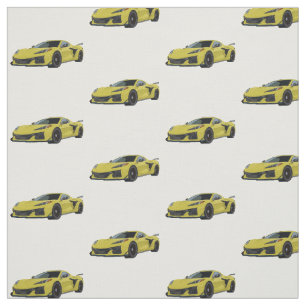 Yellow C8 Corvette Sports Car Hand Drawn Fabric