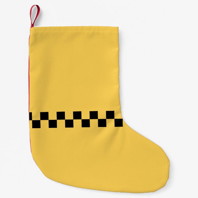 Yellow cab chequered pattern small christmas stocking (Front)