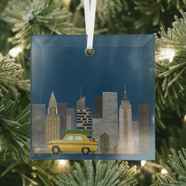 Yellow Cab in the City Customisable  Glass Tree Decoration (Insitu)
