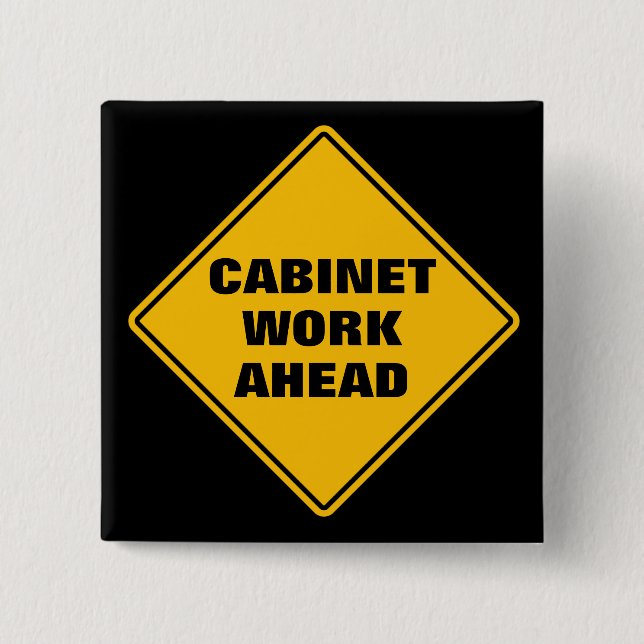 Yellow cabinet work ahead classic road sign 15 cm square badge (Front)