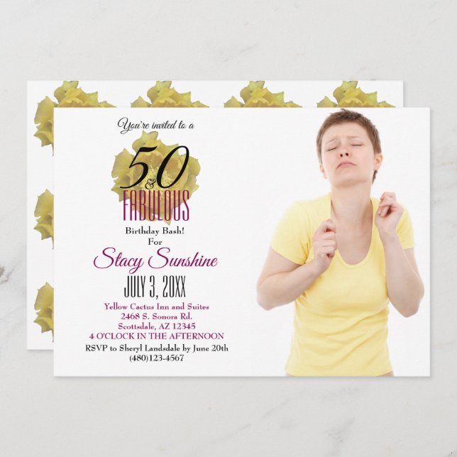 Yellow Cactus Flower 50 and Fabulous Birthday Invitation (Front/Back)