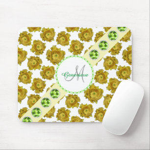Yellow Cactus Flowers on White, Gemstones & Pearls Mouse Mat