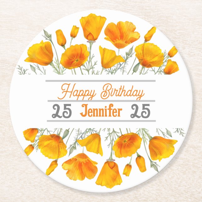 Yellow California Poppies Personalised Coaster (Front)