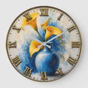 Yellow Calla Lily Floral Blue Ceramic Vase Large Clock