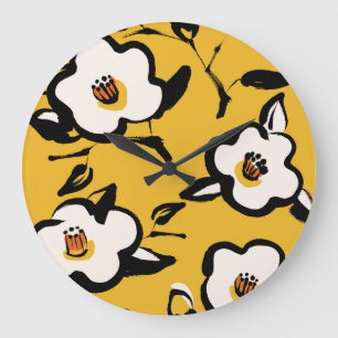 Yellow Camellia, sketchy floral vintage. Large Clock