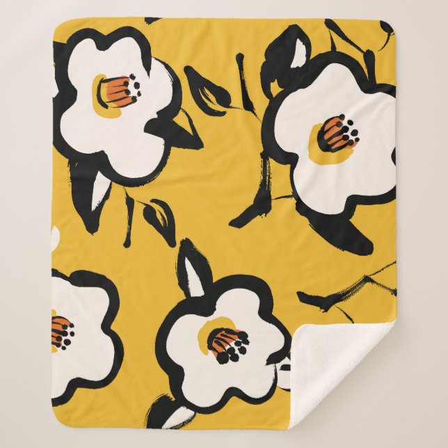 Yellow Camellia, sketchy floral vintage. Sherpa Blanket (Front)