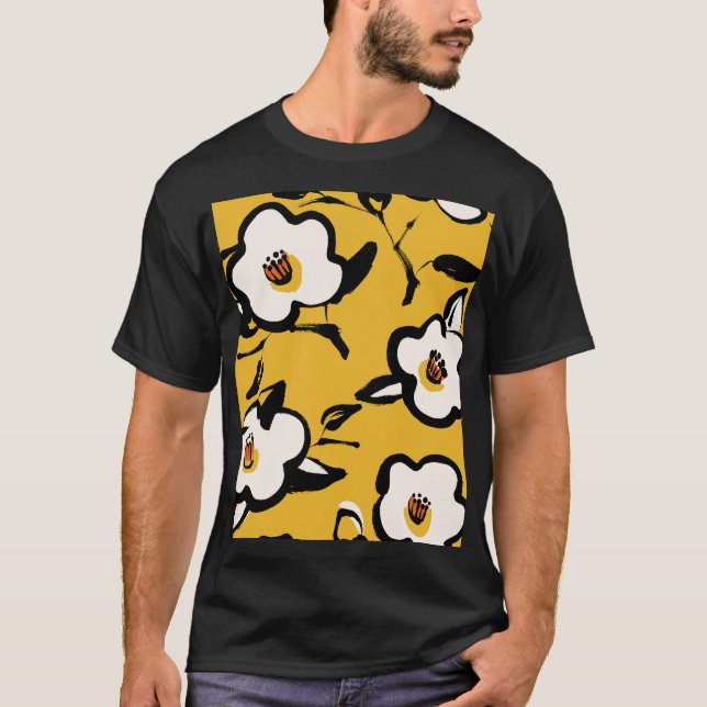Yellow Camellia, sketchy floral vintage. T-Shirt (Front)