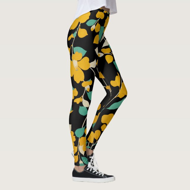 YELLOW CAMELLIAS,WHITE GREEN LEAVES BLACK Floral Leggings (Right)