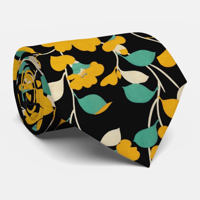 YELLOW  CAMELLIAS,WHITE GREEN LEAVES BLACK Floral Tie (Rolled)