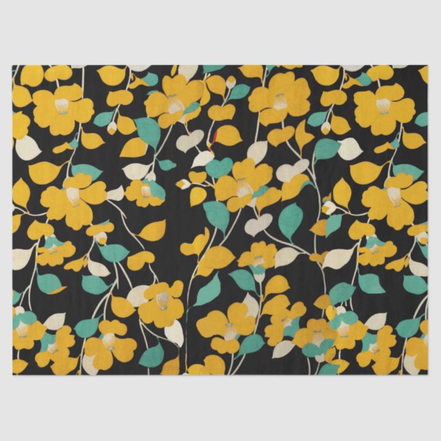 YELLOW CAMELLIAS,WHITE GREEN LEAVES BLACK Floral Tissue Paper (Front)