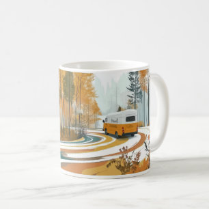 yellow camper van navigates a winding road through coffee mug