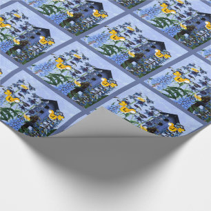 Yellow Canary and Larkspur Garden with Birdhouse Wrapping Paper