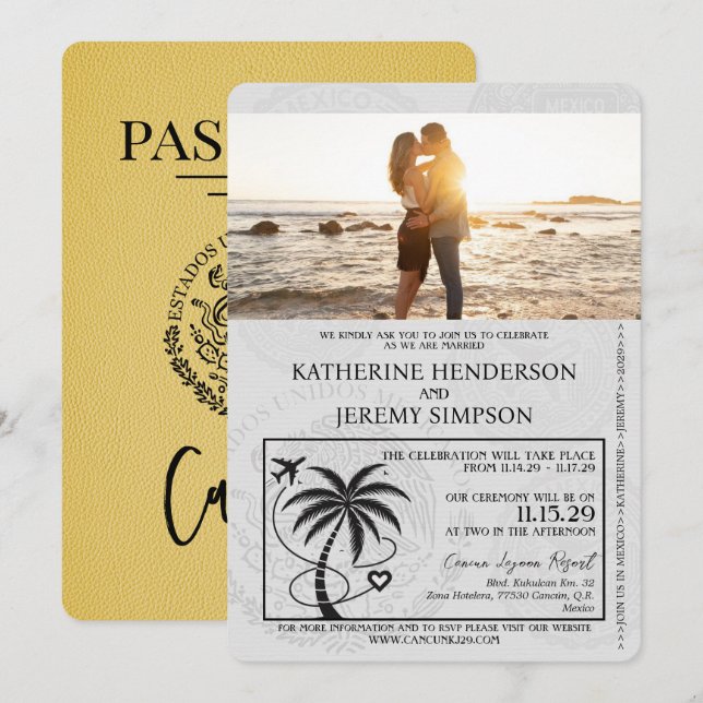 Yellow Cancun Passport Wedding Invitation (Front/Back)