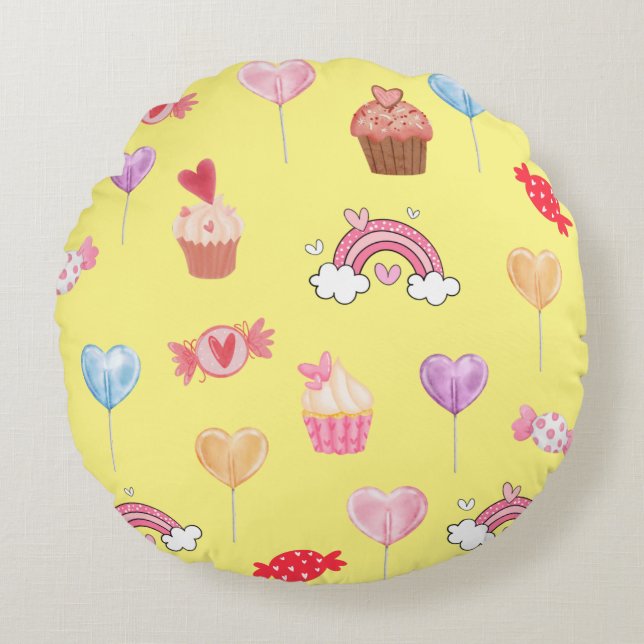 Yellow Candy & Cupcake Print Throw Pillow (Front)