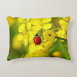 Yellow Canola Flower Good Luck Red Ladybug Decorative Cushion
