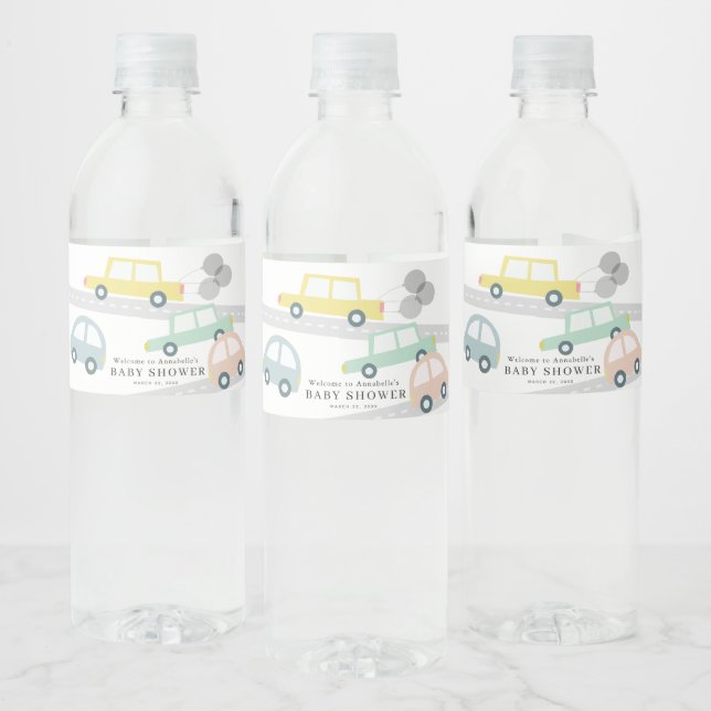 Yellow Car Balloons White Baby Shower Water Bottle Label (Bottles)