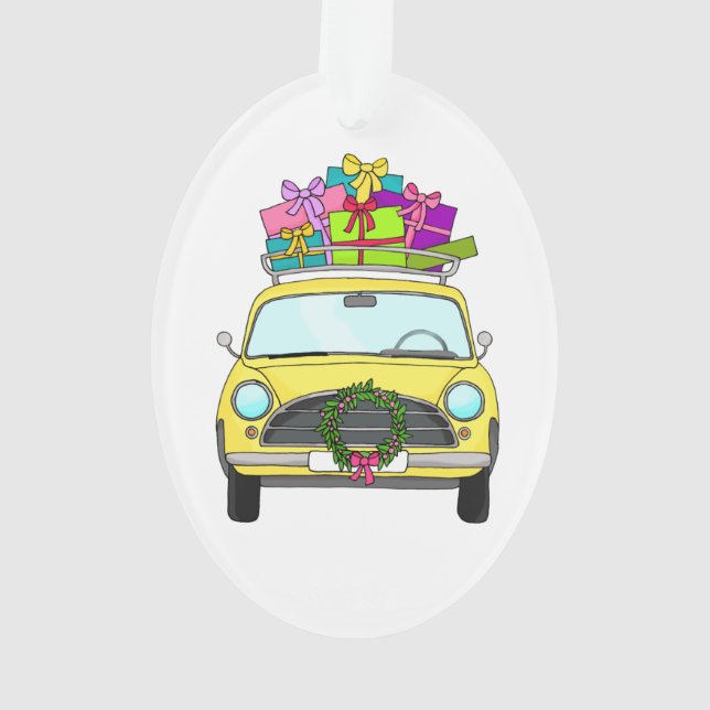 Yellow Car with Christmas Gifts Ornament (Back)