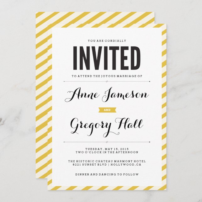 Yellow Carnival Stripes Modern Wedding Invitation (Front/Back)