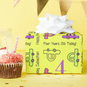 Yellow Cartoon Cars Fourth Birthday Wrapping Paper