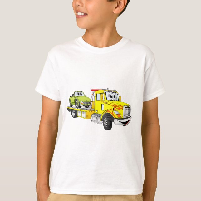 Yellow Cartoon Flatbed Tow Truck T-Shirt (Front)