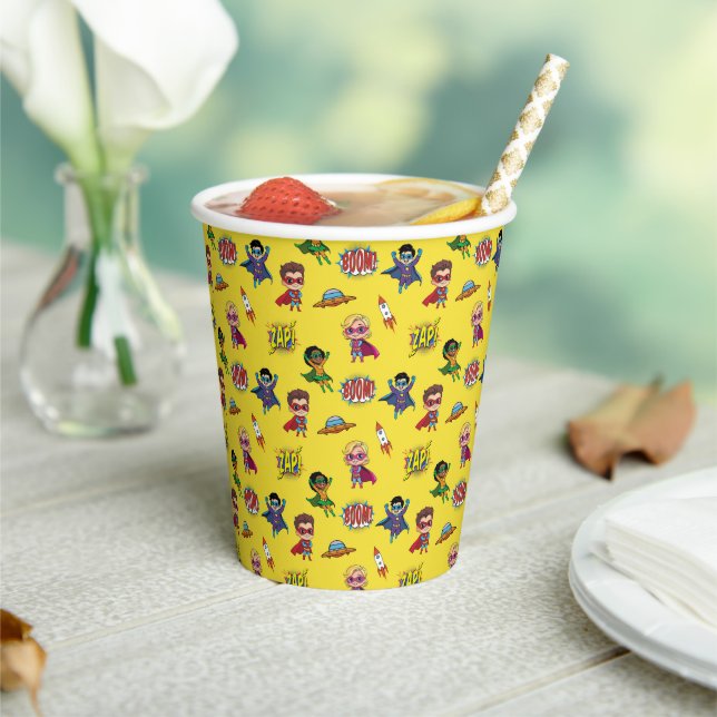 Yellow Cartoon Superhero Comic Pattern Paper Cup (Insitu)