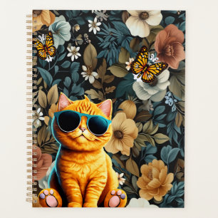 Yellow Cat and Butterflies on Floral Background Planner