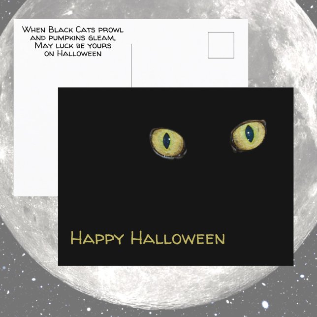 Yellow Cat Eyes Happy Halloween Photographic Black Postcard (Creator Uploaded)