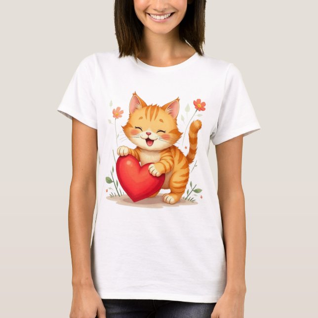 Yellow Cat Holding Red Heart Women T-Shirt (Front)