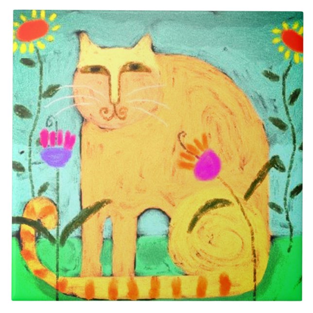 Yellow Cat in the Garden Abstract Painting Tile (Front)