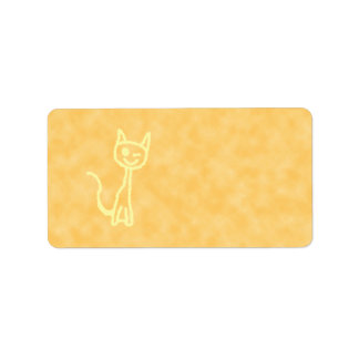 Yellow Cat, Winking. Yellow Pattern Background. Label