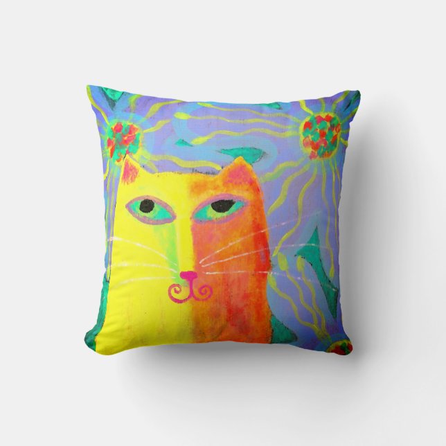 Yellow Cat with Flowers Abstract Art Cushion (Front)