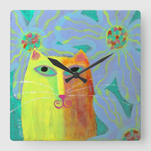 Yellow Cat with Flowers Abstract Art Round Clock