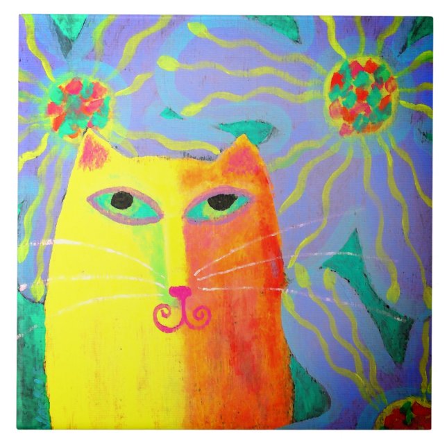Yellow Cat with Flowers Abstract Painting Tile (Front)